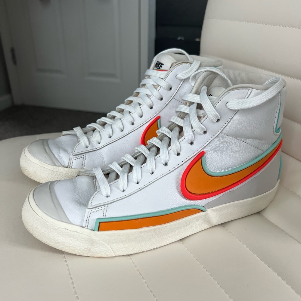 Nike White High-Top Blazers with Orange and Blue Accents